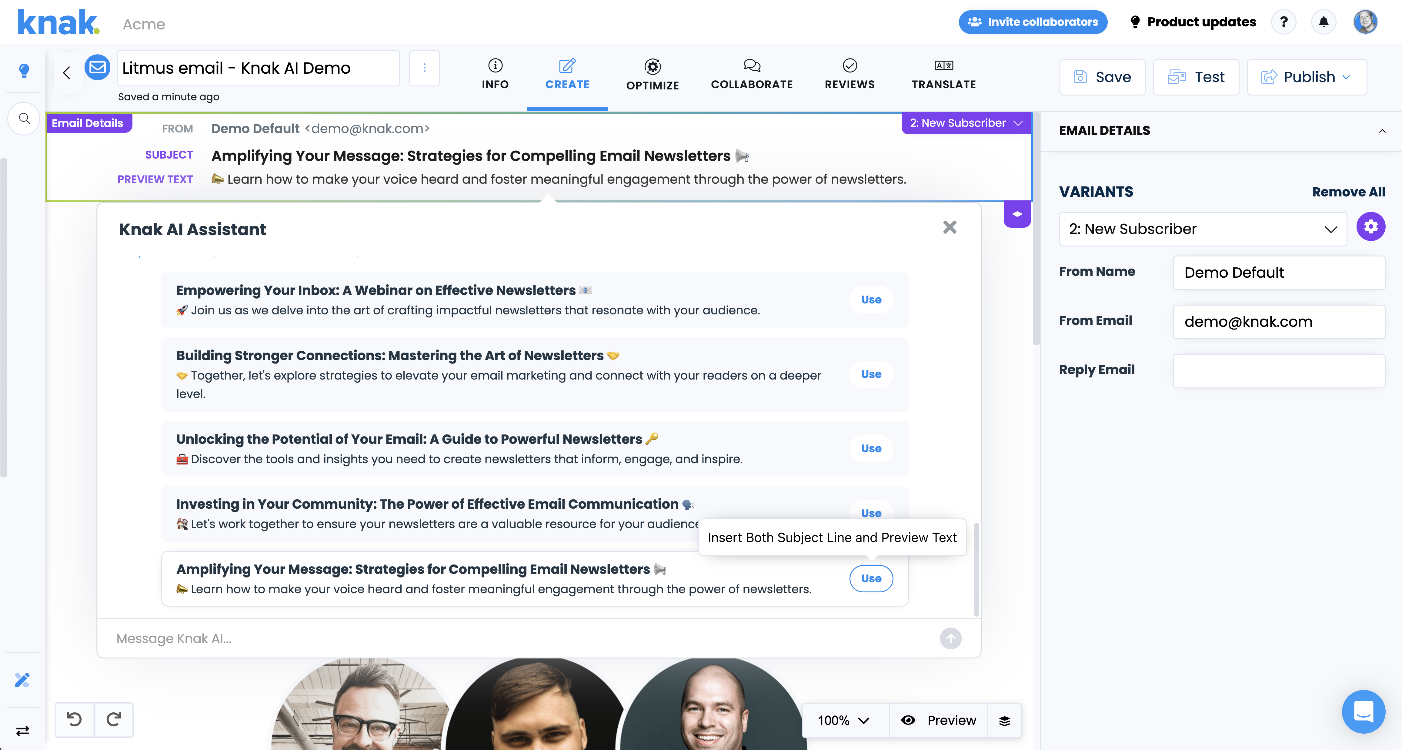Knak AI Assistant displaying paired subject-line and preview-text suggestions with Use actions alongside the New Subscriber variant