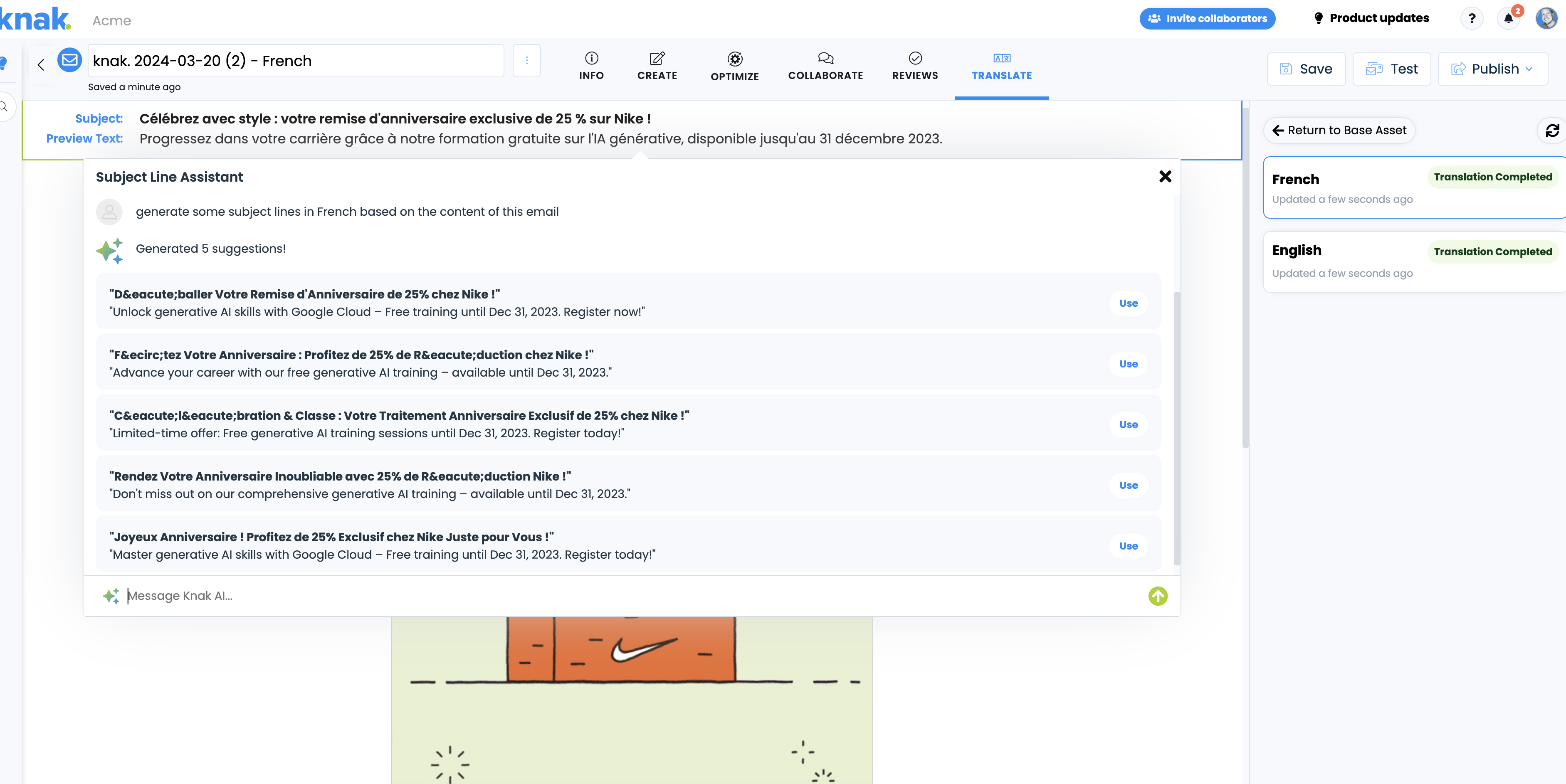 Subject Line Assistant open on a French email, alongside completed French and English translation statuses