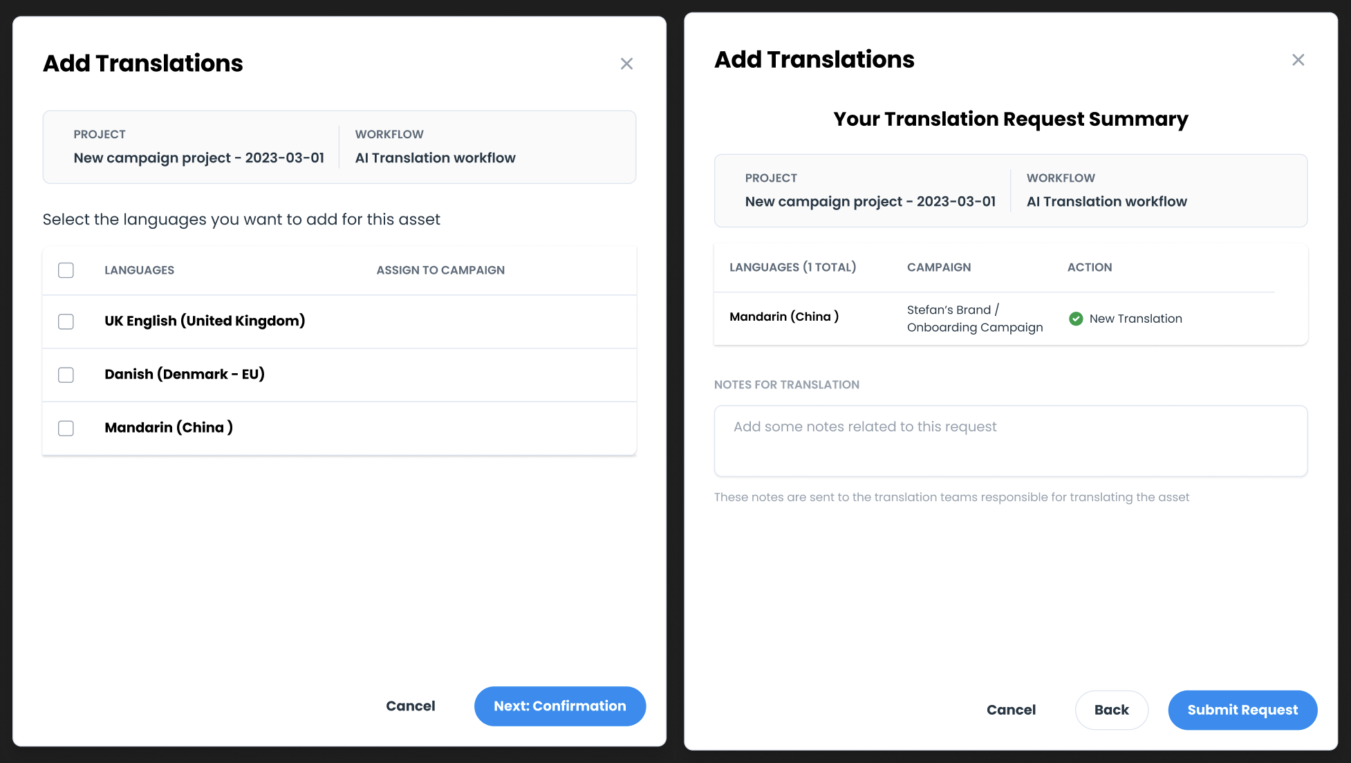Two design exploration screens showing translation language selection and a request summary