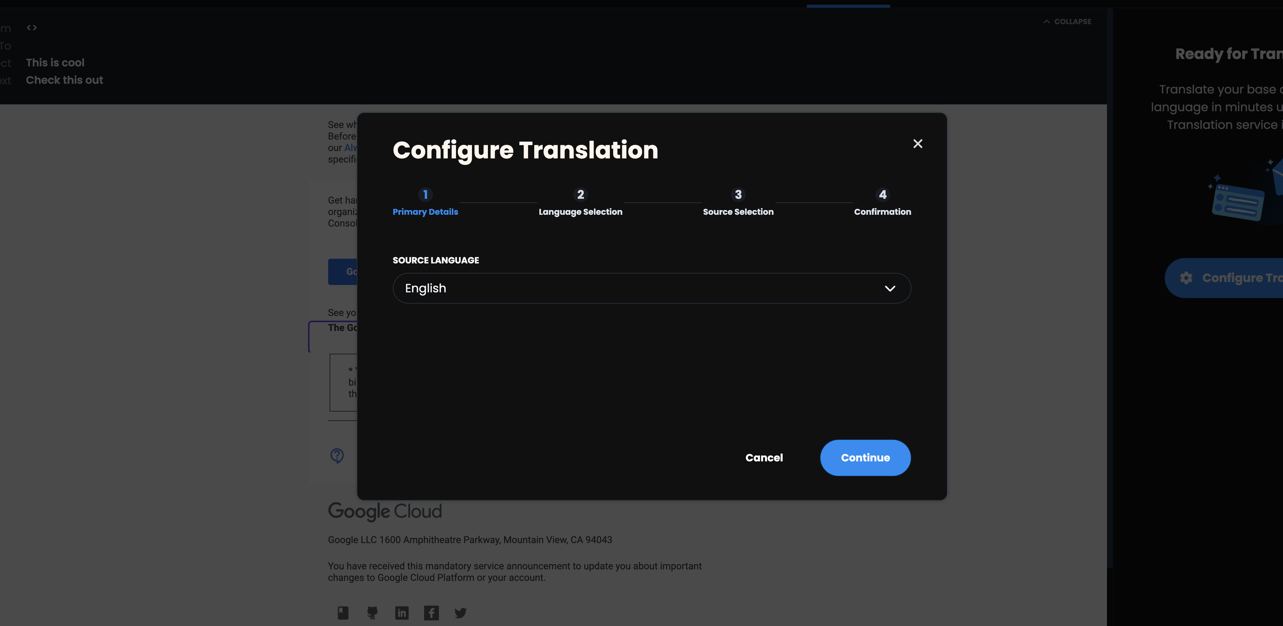 Configure Translation dialog with English selected as the source language