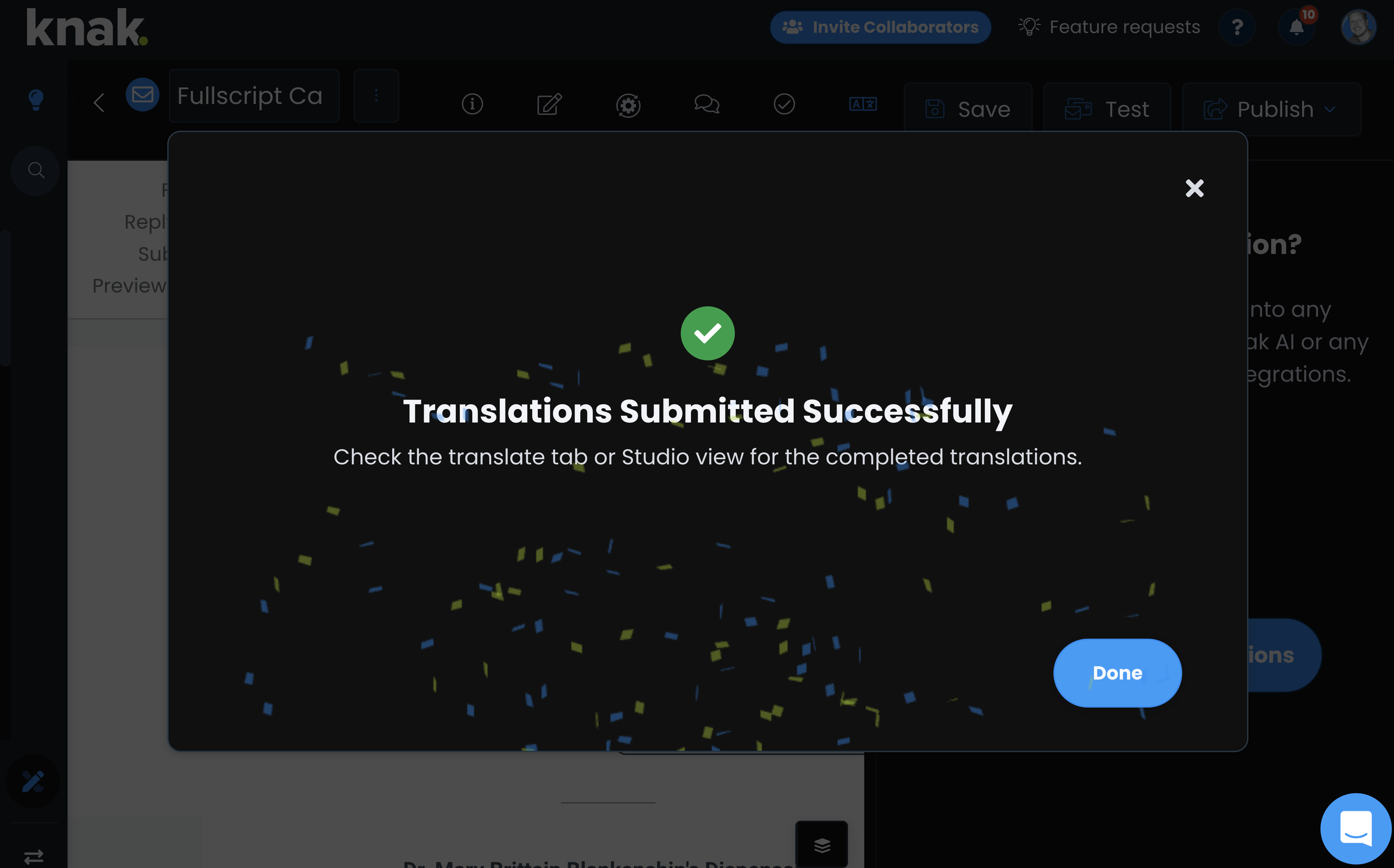 Translation submission success dialog with a green checkmark, confetti, and a Done button