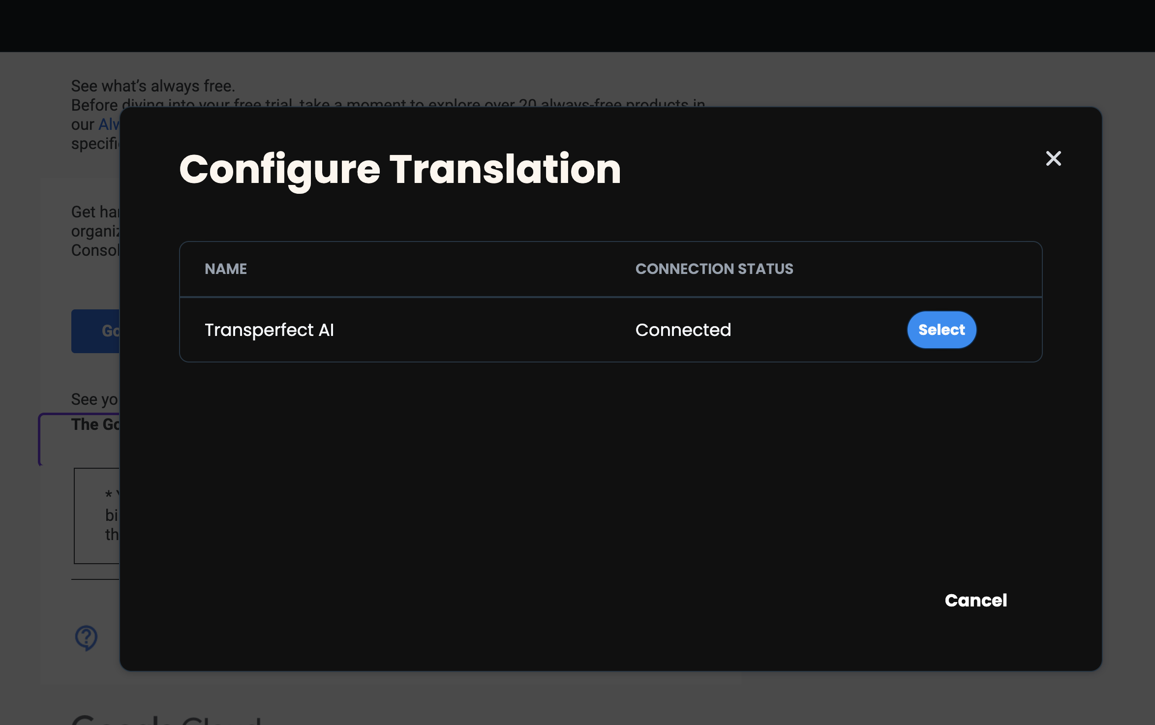 Translation configuration showing Transperfect AI connected and available to select