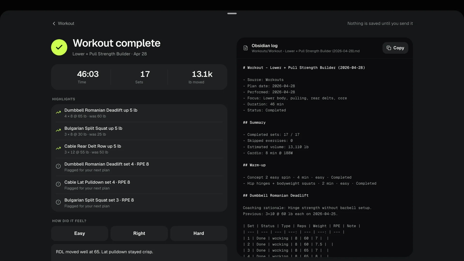 Desktop finish summary with highlights and session feel beside the exact Obsidian markdown log that is saved back to Obsidian.