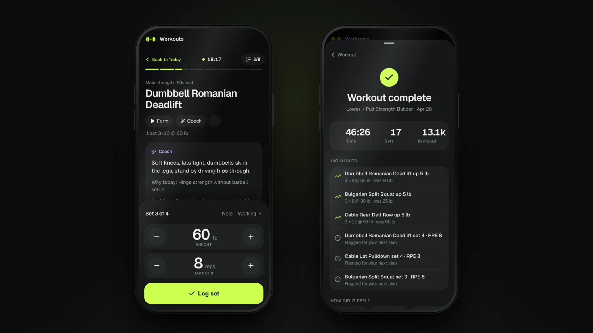 Two phone screens: the technique cue opened from the Coach chip during a live set, and the finish screen showing weight progressions and hard sets flagged for the next plan.