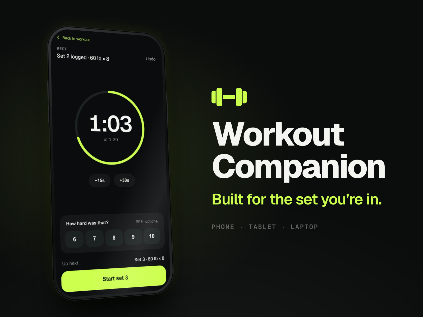 Workout Companion rest timer on a phone beside the title, Built for the set you're in