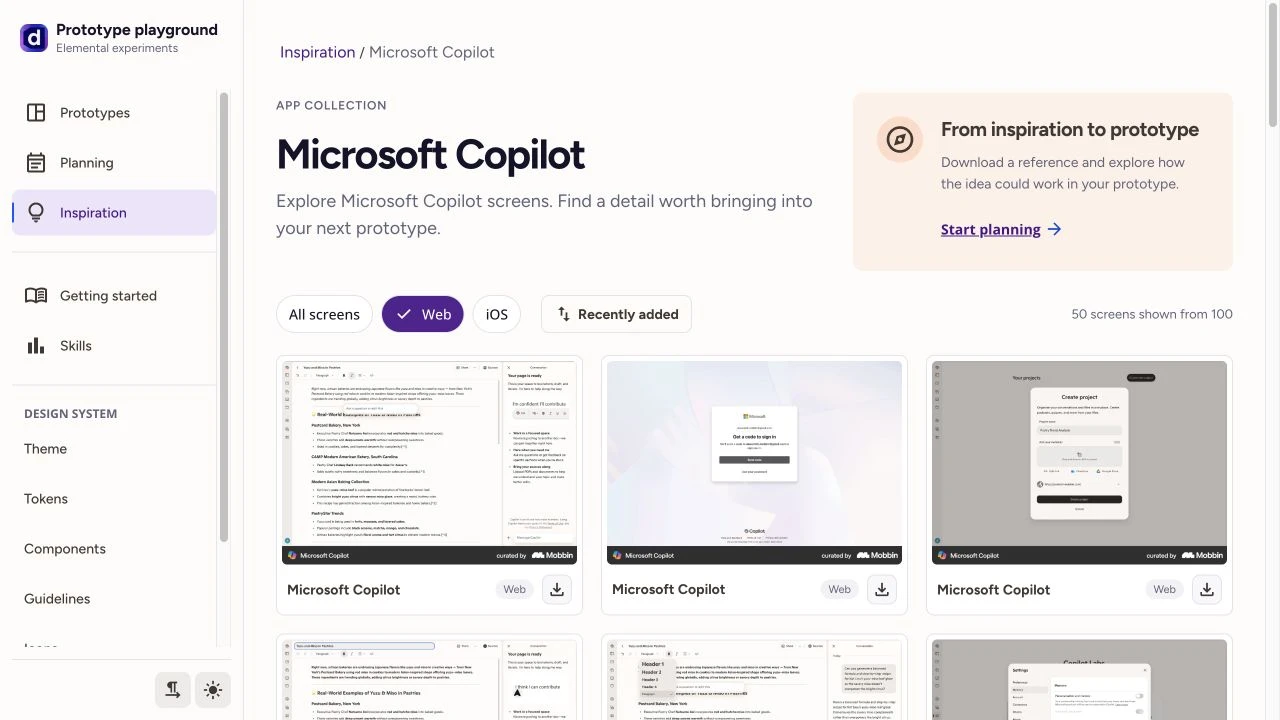 Elemental Inspiration app collection showing Microsoft Copilot web references