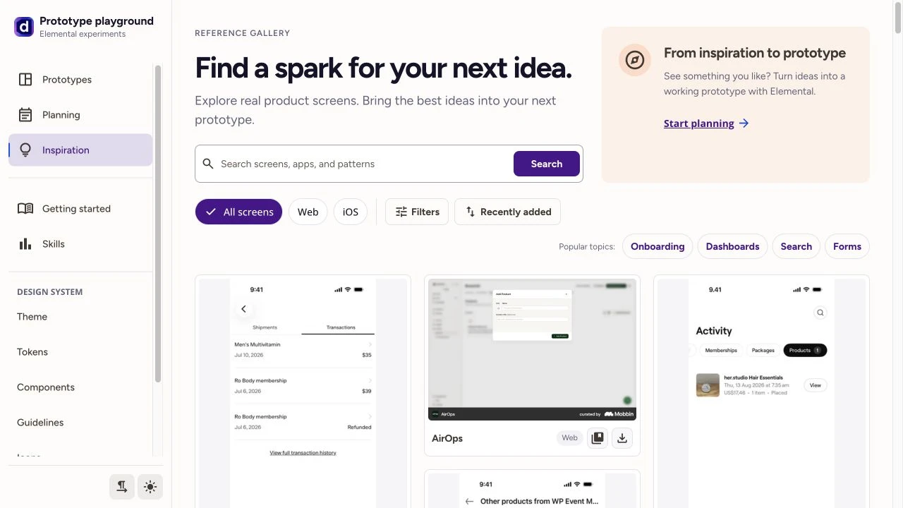 Elemental Inspiration library with product references, search, and platform filters