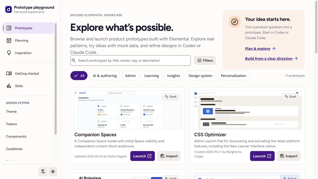 Elemental Prototype Playground home with searchable product prototypes