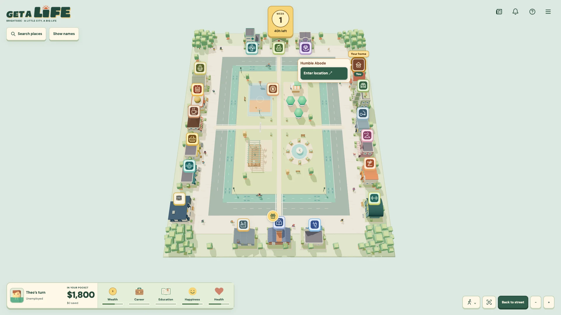 The overhead town map connects homes, workplaces, college, shops and leisure destinations.