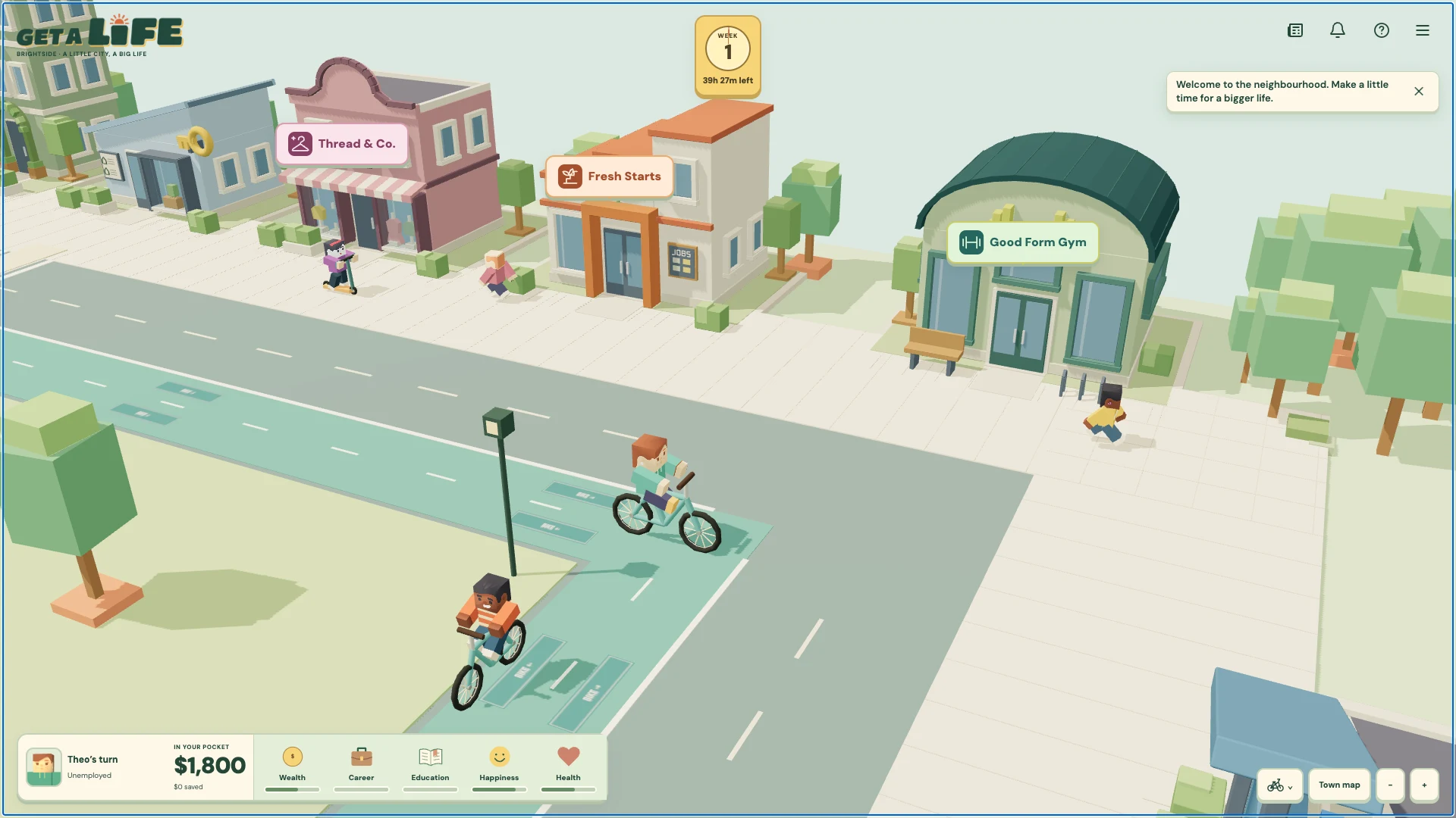 Ride a bicycle along the marked lanes through town.