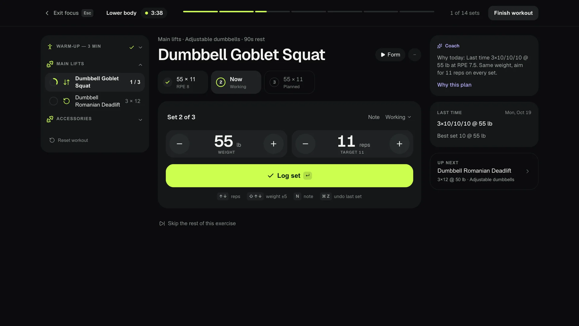 Desktop focus mode with the workout map on the left, the current goblet squat set and keyboard hints in the centre, and the coach's note, last time and up next on the right.