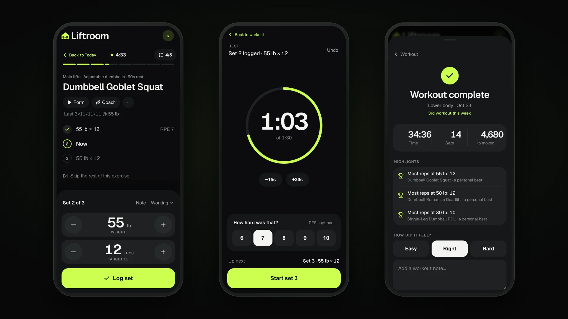 Three phone screens: the live goblet squat set with large weight and rep steppers and a docked Log set button, the rest countdown with a one-tap effort rating, and Workout complete with personal bests and how it felt.