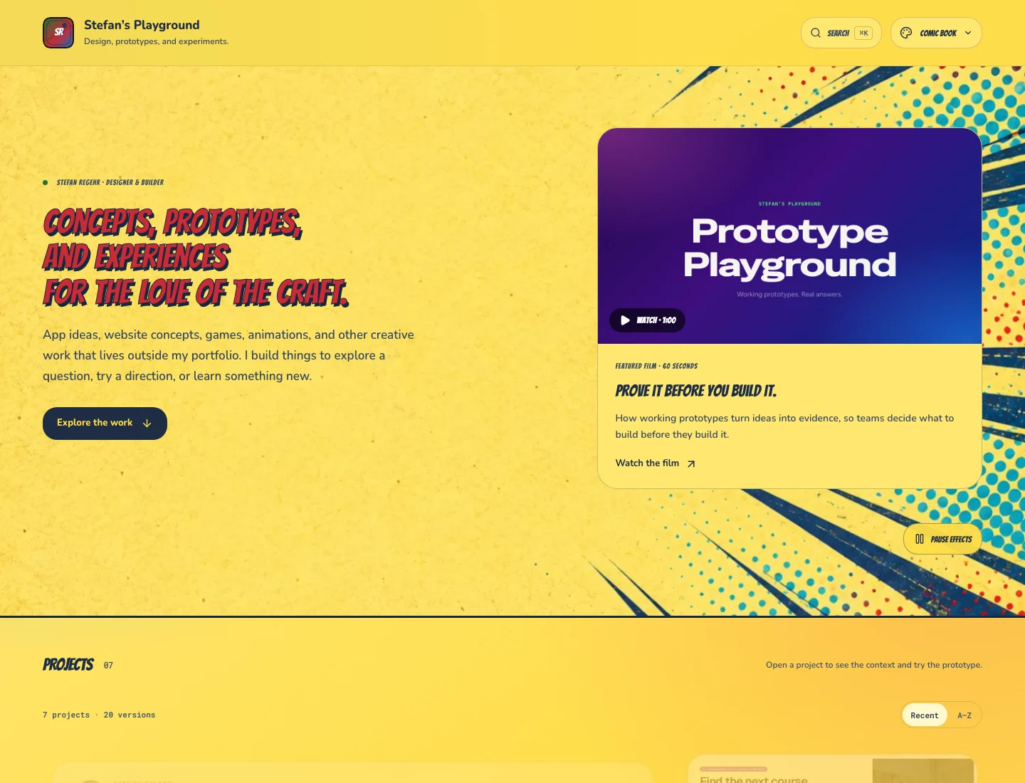 Comic book theme with illustrated banner artwork and the featured product film.