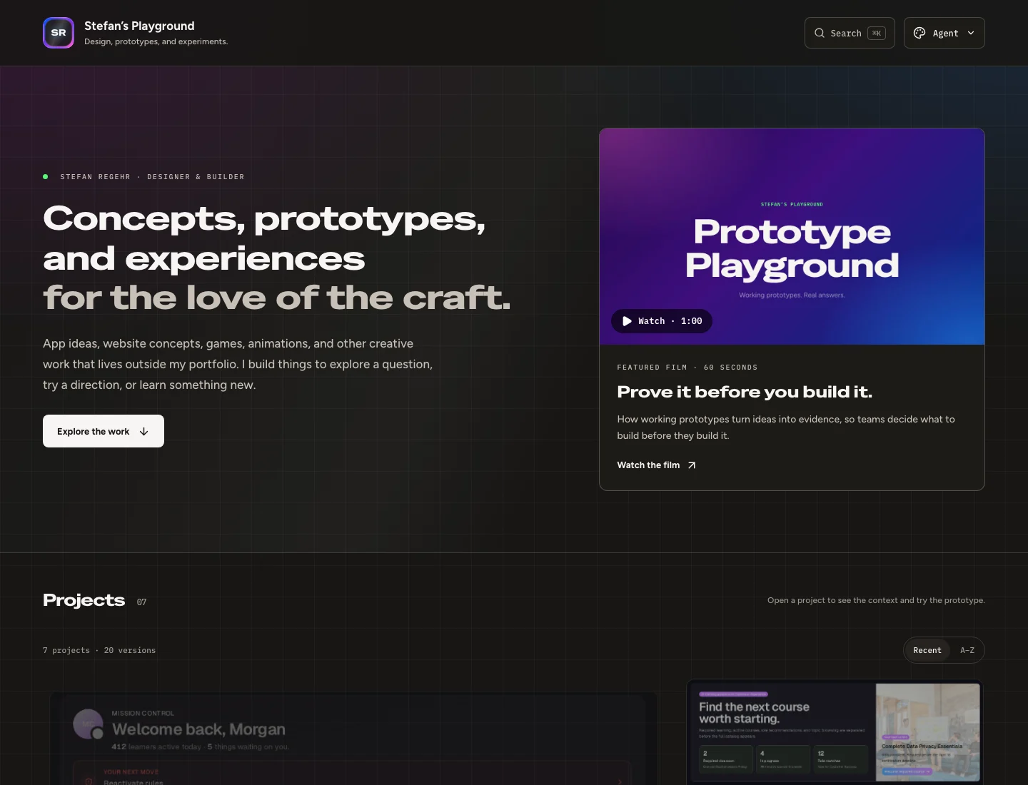 Stefan’s Playground home with a full-width Agent theme banner and the featured product film.