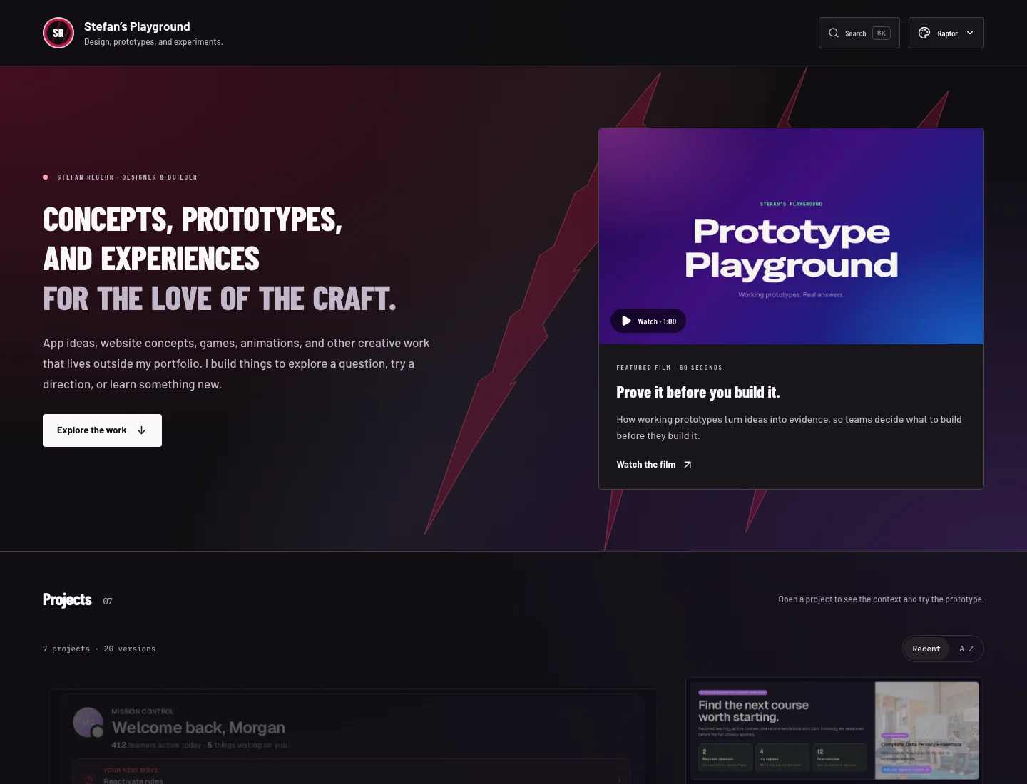 Raptor theme with claw-mark banner artwork, compact navigation controls, and the featured product film.