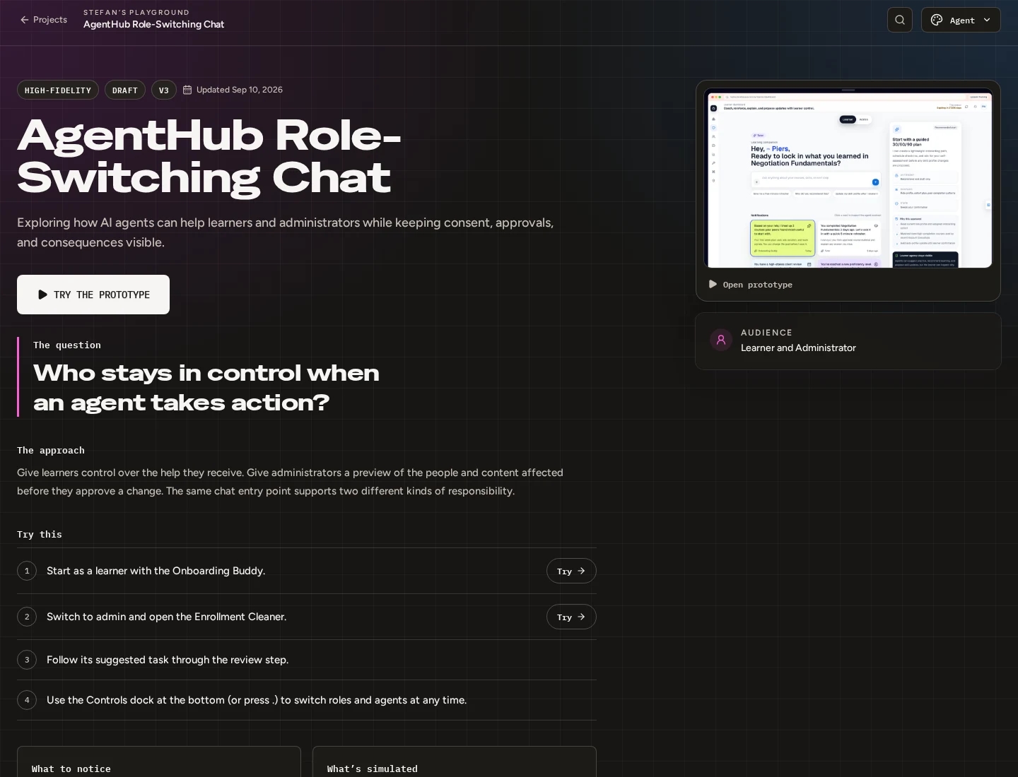 Redesigned AgentHub overview with an emphasized design question, approach, and numbered interactions to try.