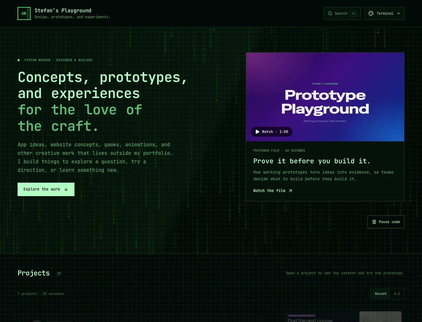 Terminal theme with green monospaced typography, code rain, and the featured product film.